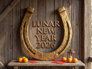 Golden Horseshoe Decoration with Lunar New Year 2026 Text on Rustic Wood
