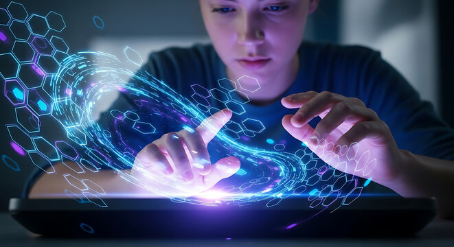 Tech's Touch: A person interacts with a futuristic digital interface, showcasing innovative technology with ethereal, glowing lines, and a touch of augmented reality. 