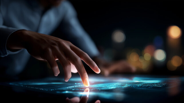 Hands manipulating illuminated data structures faceless operator defocused digital background complex system illustration technological advancement display computational