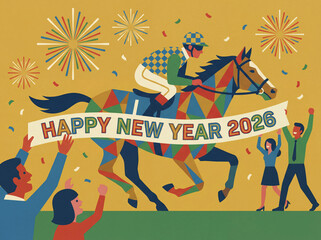 Colorful Geometric Racehorse and Jockey Celebrating Happy New Year 2026
