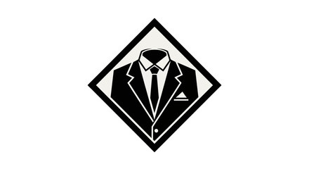 A black and white graphic of a formal suit, shirt, and tie within a diamond shape, symbolizing professionalism and elegance.