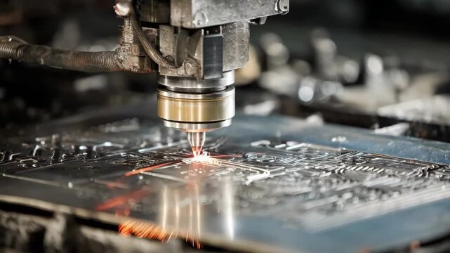 Closeup of metal stamping machine engraving intricate patterns on automotive metal sheets showcasing precision cutting for durable car components.