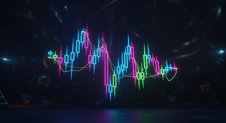 Illuminated Trading Spectrum: An abstract representation of financial markets, rendered in vibrant neon colors, with fluctuating charts and dynamic data streams.