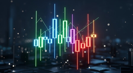 Illuminated Finance Graph: A dynamic, neon-lit financial graph pulsates against a futuristic backdrop, showcasing the complex interplay of market trends and the digital realm. 