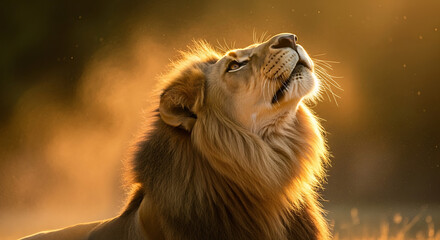 Majestic Lion at Sunset: A captivating portrait of a lion, basking in the warm glow of the setting sun, evokes a sense of regal majesty and untamed wilderness.