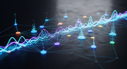 Data Visualization of Analysis: A captivating visualization showcases complex data analysis, with interconnected nodes and vibrant waveforms. It's a vivid display of modern analytics.