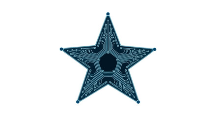 A detailed, intricate, blue star emblem with a circuit board pattern, set against a white background.