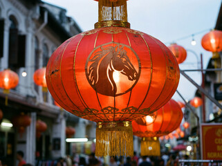 Red Chinese Paper Lanterns with Horse Silhouette Hanging for Lunar New Year Festival