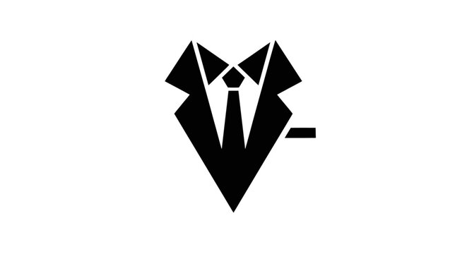 A minimalist black and white logo depicting a stylized suit jacket with a shirt and tie, representing professionalism and formal attire.