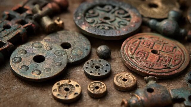 Detailed view of toned tinplate jewelry components with a vintage patina effect capturing the intricate stamped designs and aged metallic hues.