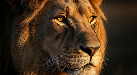 Majestic Lion in Sunlight: An arresting portrait of a powerful lion basking in the golden rays, its piercing eyes revealing a sense of regal authority and untamed wildness.