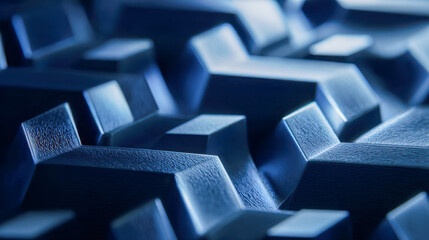 Obraz premium Detailed texture and lighting of dark blue geometric shapes forming an abstract, modern, and intricate pattern with sharp angles and depth effects on surface