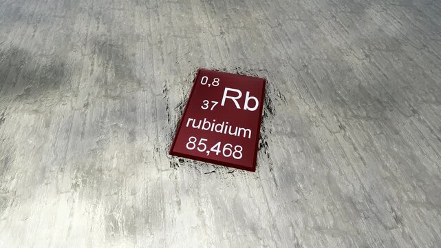 Rubidium periodic table symbol on raw rubidium, a rare earth element, rubidium periodic table symbol on the raw material rubidium, a rare earth element. Critical raw materials. Artistic rendering.