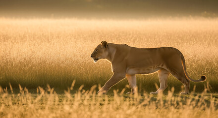 Golden Light Stroll: A majestic lioness strides confidently through the tall, golden grasses of the savanna. Her graceful form is illuminated by a warm, golden light, enhancing her regal presence. 