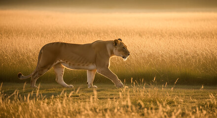 Lioness's Dawn Patrol: A majestic lioness strides confidently through the tall, golden grasses of the savanna at dawn, embodying the strength and grace of the wild.