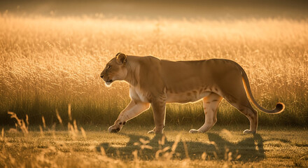 Majestic Lioness in the Golden Light: A stunning lioness walks with grace and poise, basking in the warm glow of the morning sun as she moves across the vast open savannah.