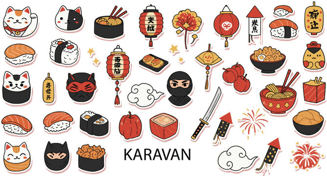 Japanese culture icon set, sushi, ramen, lantern, ninja, maneki-neko, daruma, katana, kawaii, vector, outline, editable, cad drawing flat vector illustration