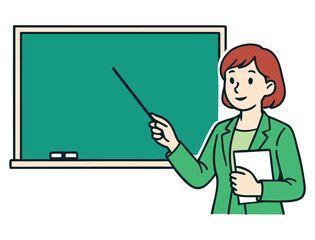 Female teacher pointing at chalkboard while holding lesson materials