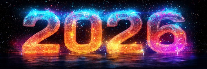 Glowing 2026 New Year's digits with vibrant particles and reflections