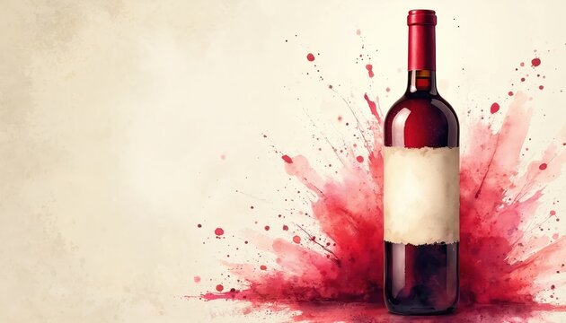 Elegant watercolor of red wine bottle with blank label. Colorful splashes surround product. Design ideal for vinery menu. Artwork perfect for wine related themes, events celebrations. Abstract red