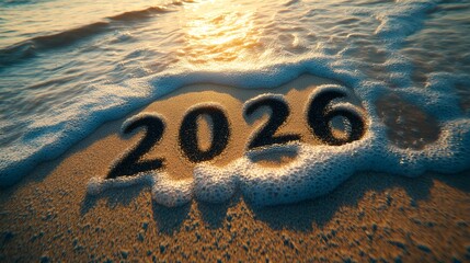 Waves gently wash over the number 2026 written in the sand at sunset, symbolizing the upcoming new year