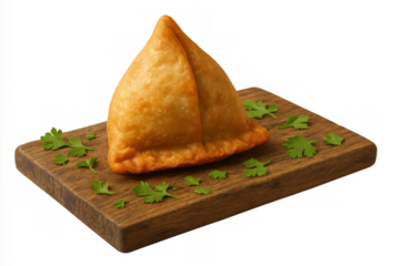 Samosa, traditional indian fried pastry snack, serving on a wooden board with fresh cilantro, transparent background