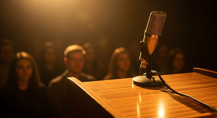 Microphone on the Podium: A classic microphone stands ready on a wooden podium, bathed in warm light, set against a blurred background of an attentive audience, all set in anticipation.