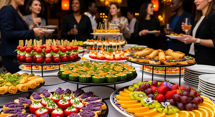 Gastronomic Gathering: A vibrant buffet table overflows with a colorful array of delectable finger foods, appetizers, and snacks.