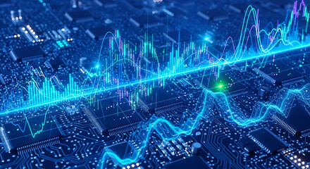 Circuit Board Data Visualization: Immerse yourself in the world of technology with this vibrant visualization of data patterns, highlighting the intricate workings of a circuit board.