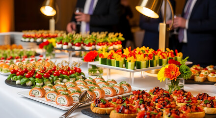 Culinary Delights: A close-up shot of a lavish buffet spread at a social gathering, showcasing an array of exquisitely presented finger foods and appetizers.