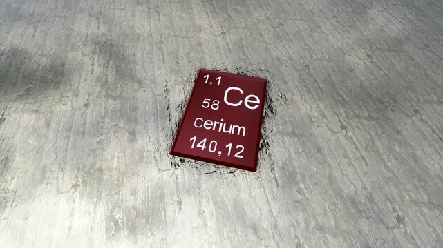 Cerium periodic table symbol on raw neodymium, a rare earth element, cerium periodic table symbol on the raw material cerium, a rare earth element. Critical raw materials. Artistic rendering.