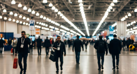 Conference Hall Rush: Amidst a blur of motion, a bustling conference hall comes alive with the energy of attendees, Their figures silhouetted against a backdrop of modern architecture.