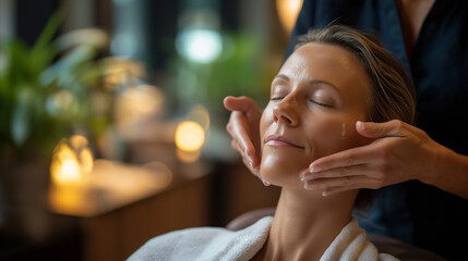 Cosmetology professional providing cleansing treatment in serene salon faceless beautician client defocused beauty environment background gentle skincare service professional