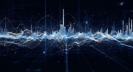 Digital soundscape: A mesmerizing visualization of digital data flowing in a futuristic design, capturing the complex structures of information and soundwaves. 