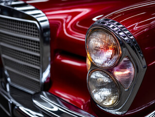 Close-up of classic vintage car's front with chrome details and shiny red paintwork
