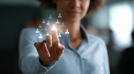 Talent acquisition specialist managing diverse skill database using advanced software faceless HR professional defocused recruitment background marketing sector candidates work