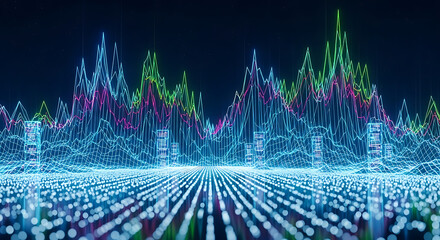 Data Visualization: A futuristic data visualization displays complex data patterns and trends, illuminated by vibrant colors and a modern aesthetic.