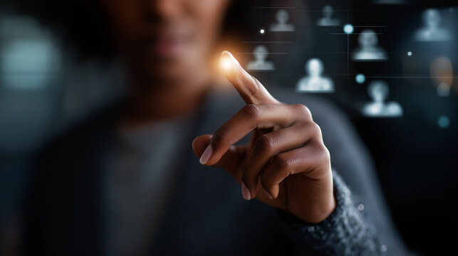 Talent acquisition specialist managing diverse skill database using advanced software faceless HR professional defocused recruitment background marketing sector candidates work