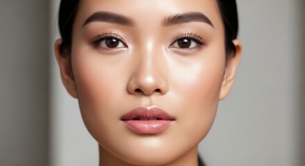 Fototapeta premium Close-up portrait of a young woman with clear skin and natural makeup