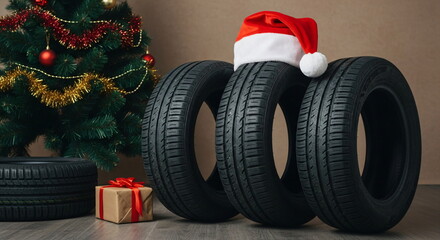 Car tire with santa hat near Christmas tree and gift box. Holiday discount for auto tire service. Winter car maintenance concept.