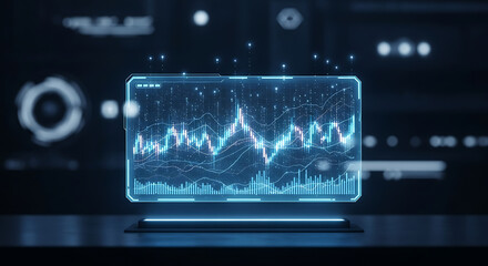Digital Financial Analysis: High-tech monitor displays intricate financial data visualizations, depicting the complex fluctuations and trends within the market.
