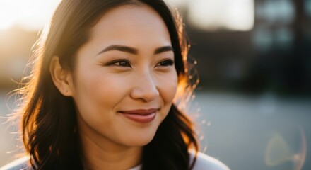 portrait of a smiling young woman with radiant skin and expressive eyes in natural sunlight