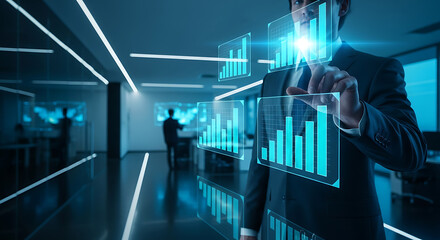 Financial Analysis in a Futuristic Office: A person in a sleek suit interacts with futuristic holographic financial data, showcasing the cutting-edge of business intelligence and market trends.