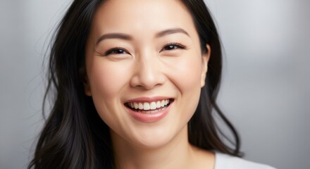 Close-up portrait of a smiling young woman with clear skin and dark hair in a natural setting