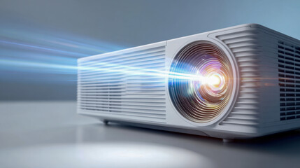 Modern white digital projector emitting bright colorful light in a dim room for multimedia presentations and home entertainment use