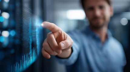 IT specialist indicating hosting control panel with server analysis faceless technician defocused technical background uptime performance bandwidth display cloud infrastructure