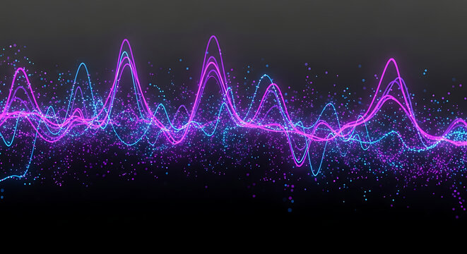 Dynamic Sound Waves: Vivid, electric blue and purple sound waves undulate against a dark, dynamic backdrop, symbolizing the pulse of audio and the rhythm of music.