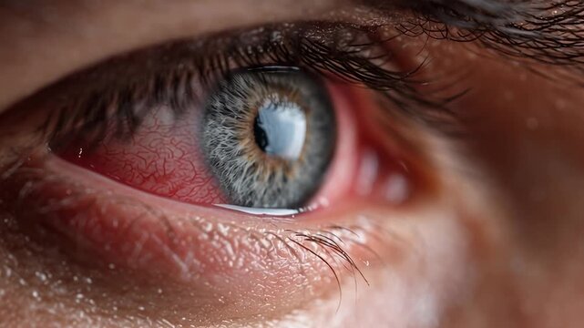 Close up of a human eye with red bloodshot veins showing irritation and conjunctivitis infection
