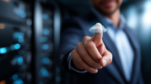 IT specialist indicating hosting control panel with server analysis faceless technician defocused technical background uptime performance bandwidth display cloud infrastructure