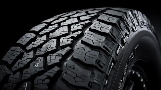 Medium shot showing hybrid tire tread blending offroad durability with highway efficiency emphasizing balanced design features.